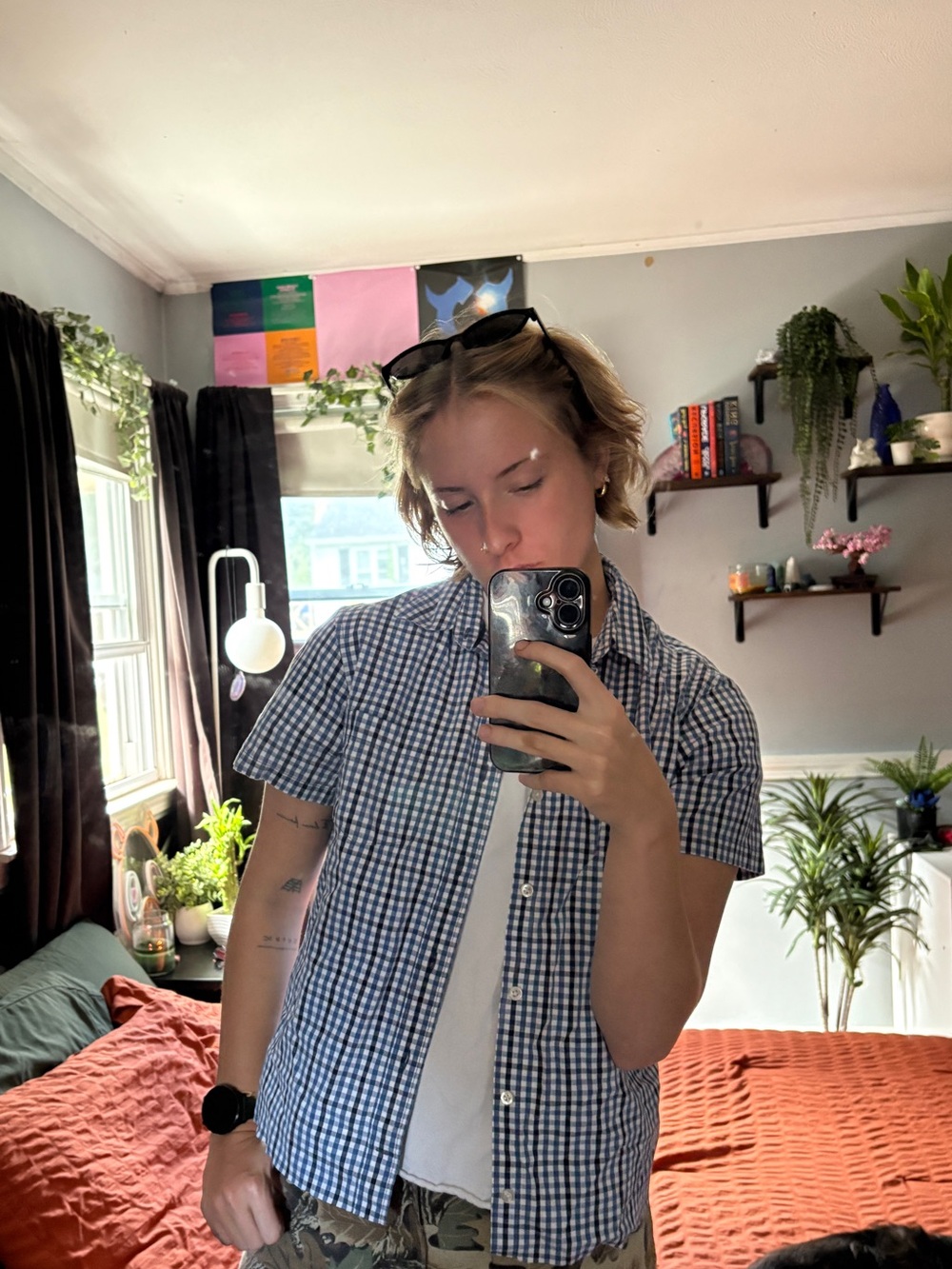 GAP Blue Gingham Short-Sleeve Button-Down Shirt